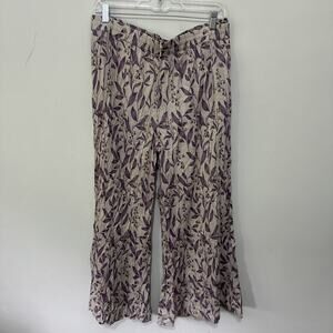Zuba Pants Womens Large XL Lavender Floral Wide Leg Pull On Coastal Boho Chic